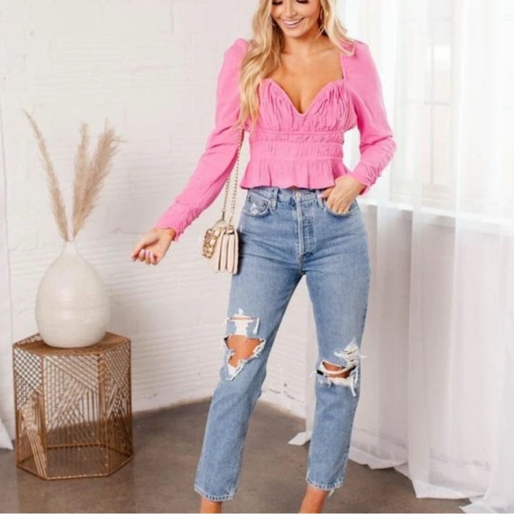 Free People Pink Long Sleeve Ruched Crop Blouse